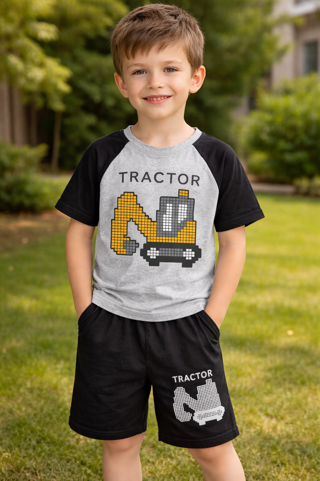 Grey Tractor Boys Cotton Summer Outfit