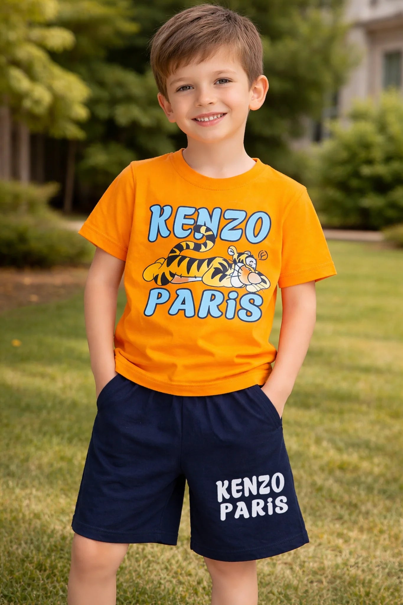 Orange Lion Cartoon Boys Cotton Summer Outfit