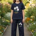 Navy Floral Girls Summer Cotton Jersey Shirt & Trouser 2 piece set