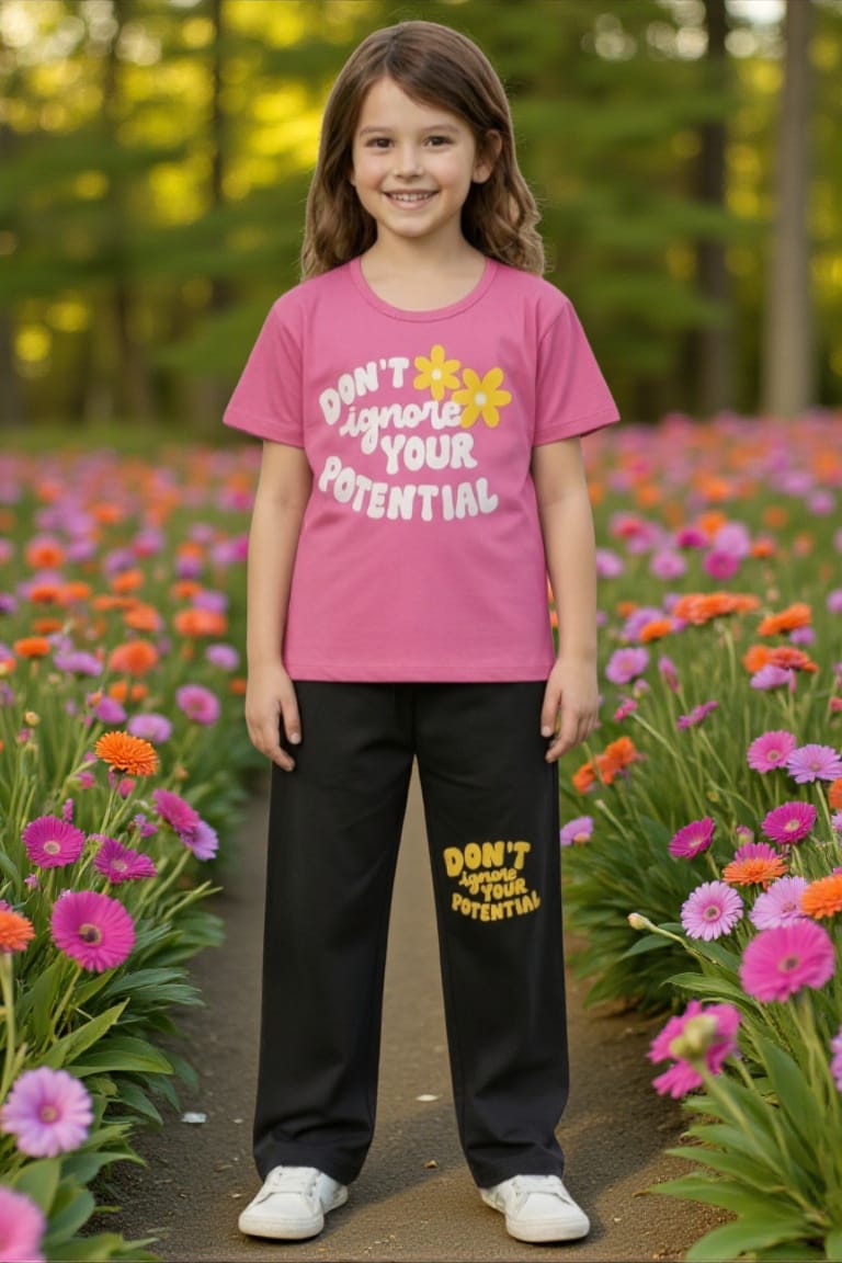 Pink Quote Girls Summer Cotton Jersey Shirt & Trouser 2 piece set