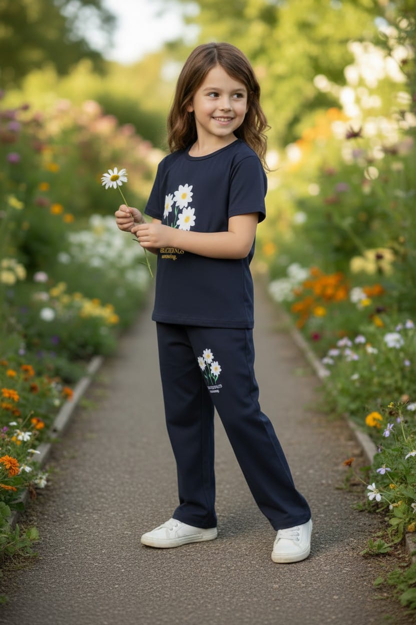 Navy Floral Girls Summer Cotton Jersey Shirt & Trouser 2 piece set